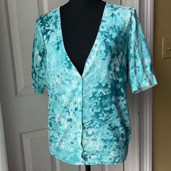 𝅺talbots Short Sleeve Cardigan Sweater Blue Floral Print Petite Large - Picture 1 of 6